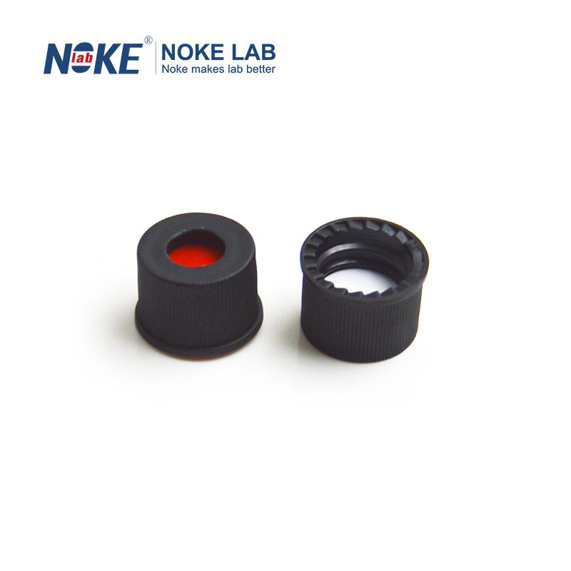 Black 8-425 Screw Cap, 8mm White PTFE/Red Silicone Septa, 1.5mm Thick